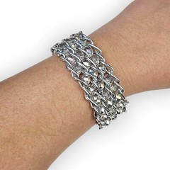 Beaded Wide Chain Bracelet Aurora Borealis AB Silver Tone Curb Chain Retro 7.5″