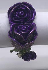 Unique Pink Rhinestone Purple Double Rose Hinged Bracelet Statement