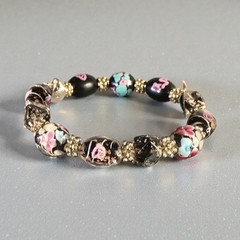 Multicolor Floral Round Glass Beaded Stretch Bracelet, No Clasp, 7-7.5 in