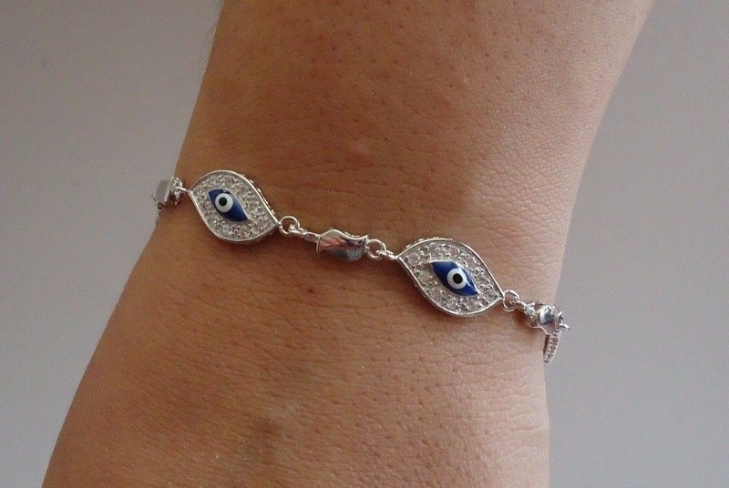 EVIL EYE 925 STERLING SILVER BRACELET W / 2 CT LAB CREATED DIAMONDS / 7 '' gallery