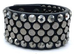 Ladies Leather Black Rhinestone & Black Studded Adjustable Bling Bracelet