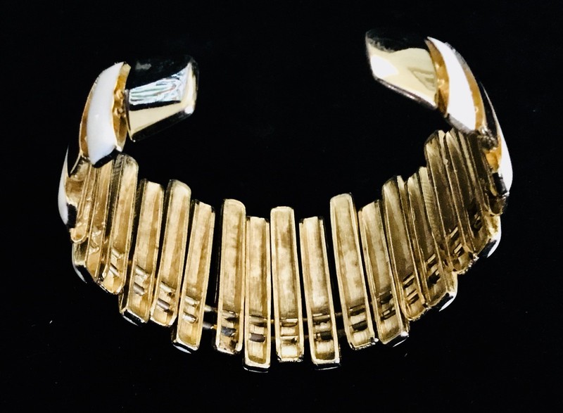 Gold And White Enamel Cuff Bracelet 1 5/8” In Height. 8” Wrist Size. (888) gallery