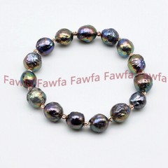 11-12mm Real Natural Tahitian Peacock Black Baroque Edison Pearl Bracelet 7.5”
