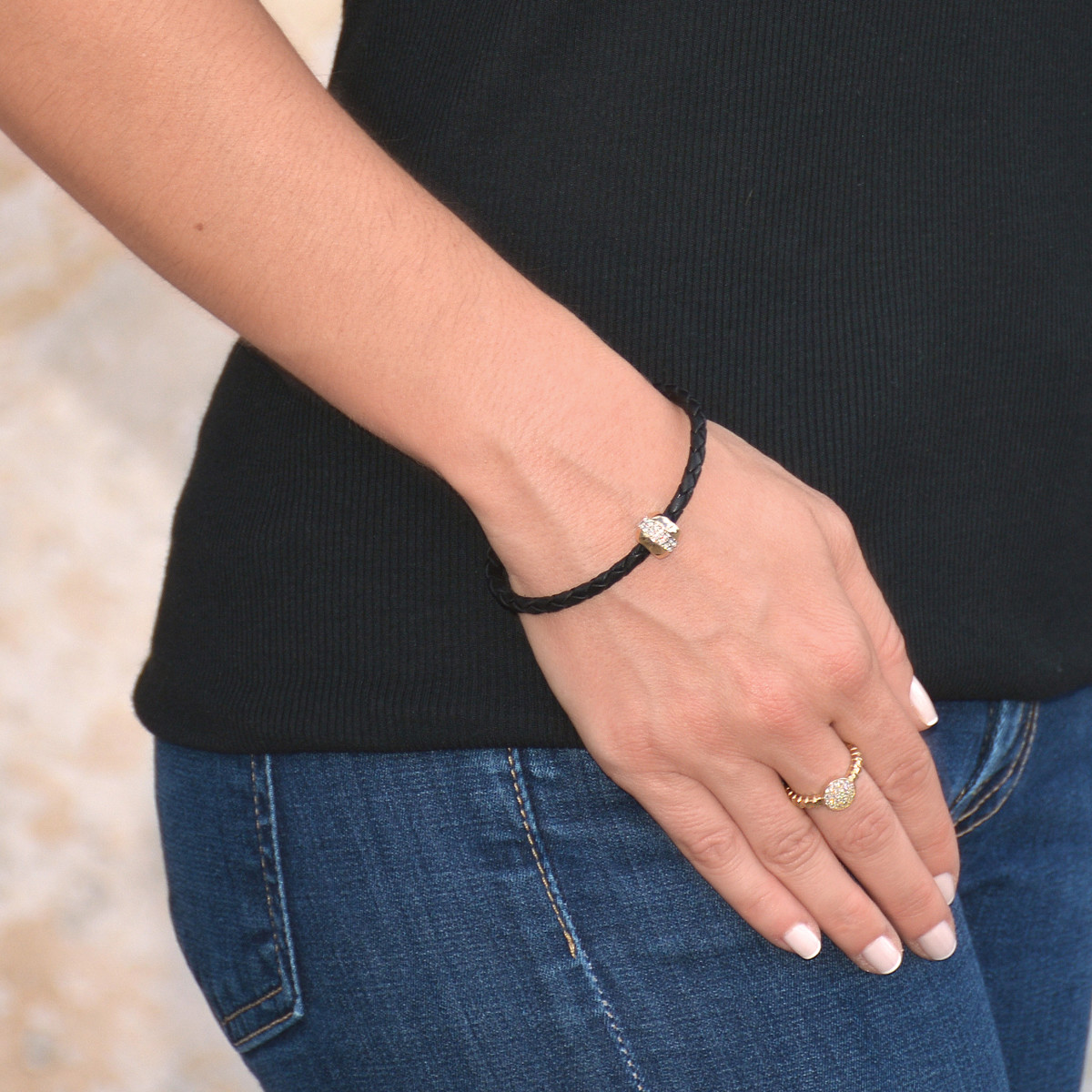 Women's Good Luck Karma Black Leather Bracelet 18k Gold Plated gallery