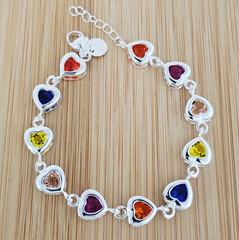 Bracelet 7-8 in 925 Sterling Silver Multi-color Crystal Link Heart Chain Adjusta