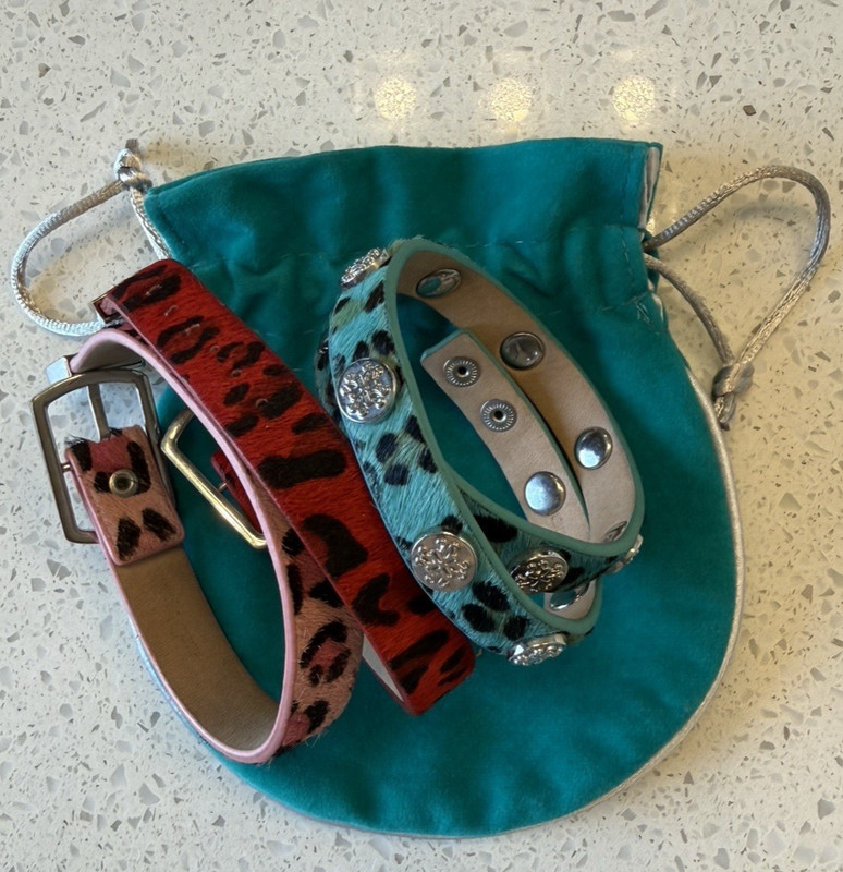 Rustic Cuff set of 3 Leppard print genuine calf skin braclets with silver accent gallery