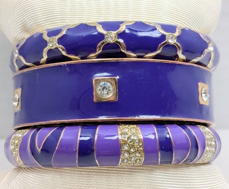 Purple Enamel Hinge Clamper Bangle Set Sequin 3pc Bracelet Rhinestone Bendel Era gallery
