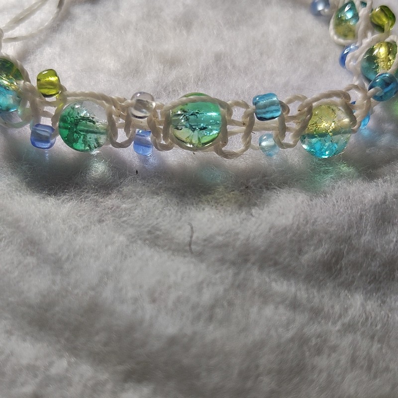 Glass Round Beaded Bracelet Adjustable Sliding Knot White Cord Blue Green gallery
