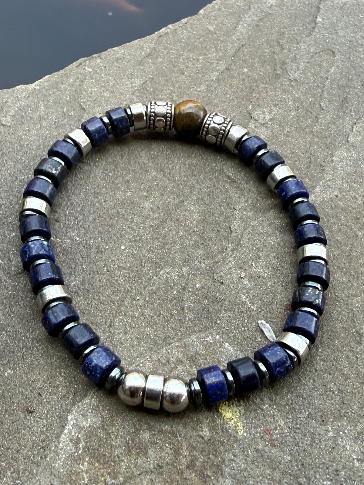 Blue & Silver-Tone Beaded Stretch Bracelet with Brown Stone Bead Stackable gallery