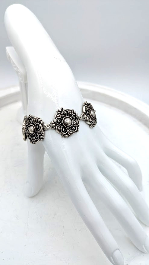 Vintage BRIGHTON Bracelet Panel Silver Scroll Medallion Link gallery