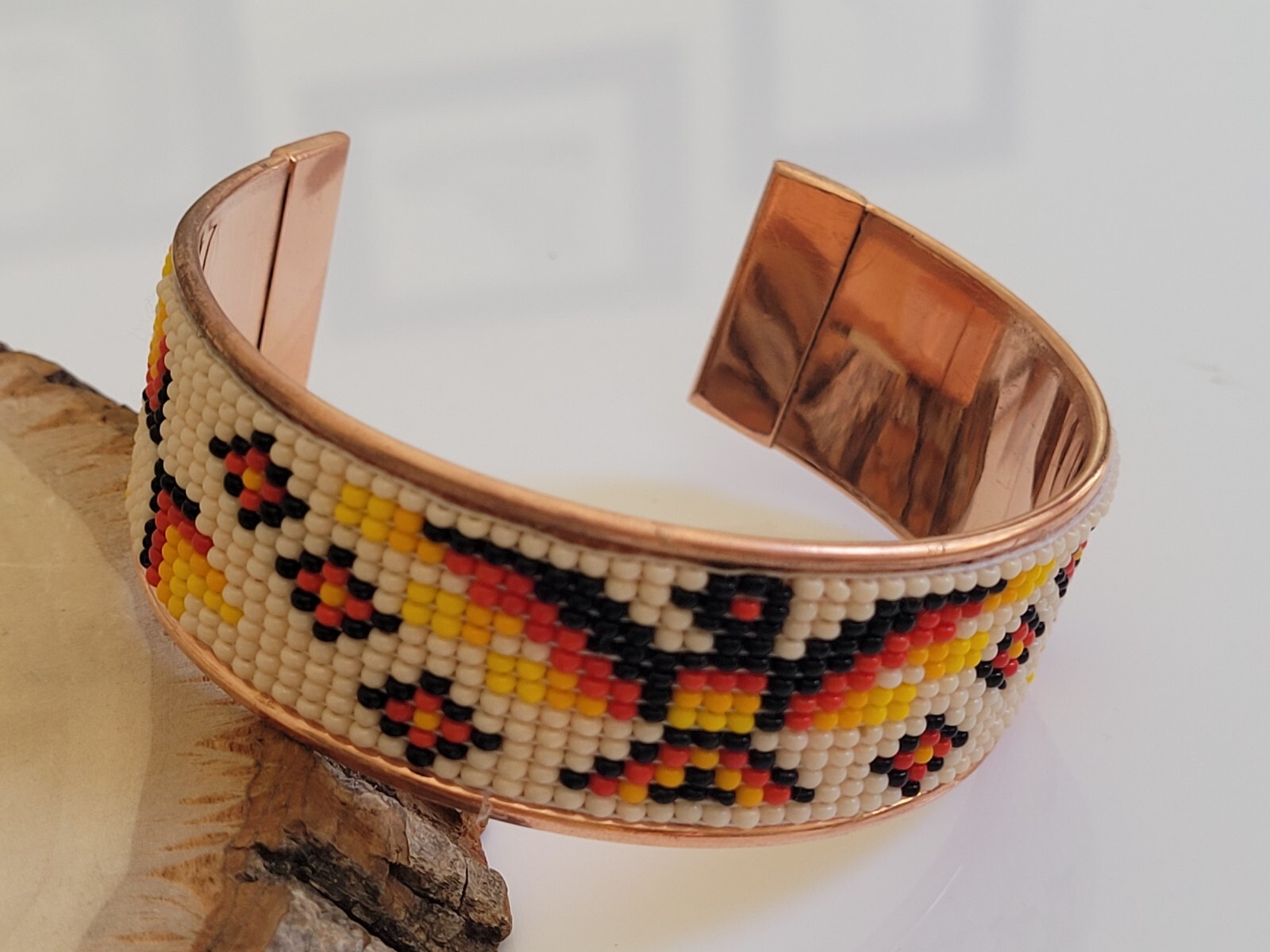 Native American Style Copper Seed Beaded Bracelet Cuff Beige Thunderbird gallery
