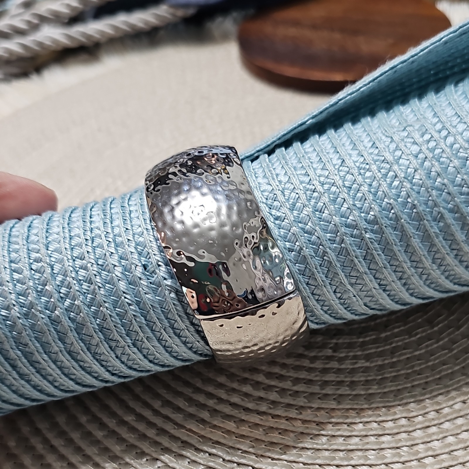 Silver Tone Textured Metal Hinged Bangle Bracelet Cuff Style, Hammered Look gallery