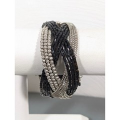 Black Silver Beaded Braided Cuff Bracelet Wide Stretch 8″