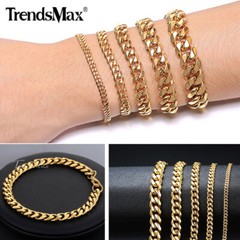 Men’s Curb Cuban Chain Bracelet Gold Plated Stainless Steel 3/5/7/9/11mm Width