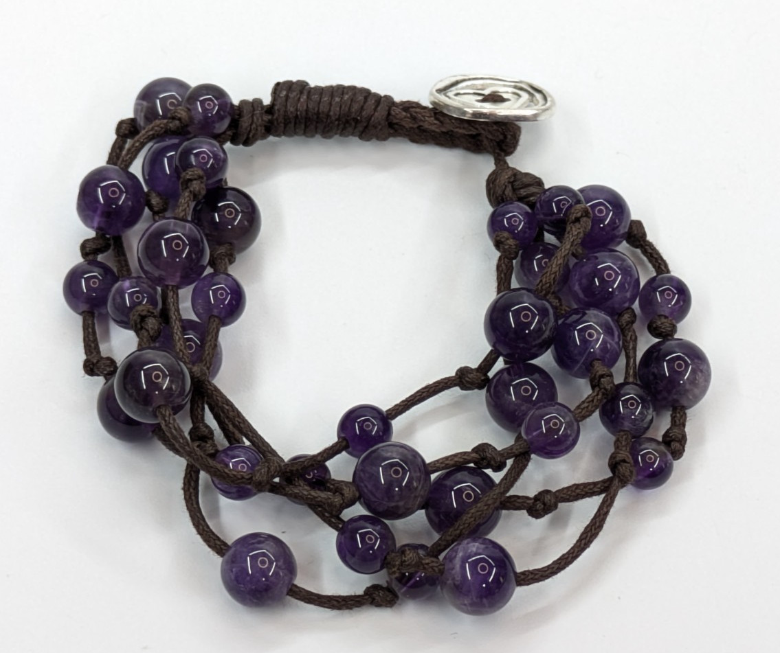 Purple Amethyst Stone Beaded Multi Strand Sterling Silver 925 LA Signed Bracelet gallery