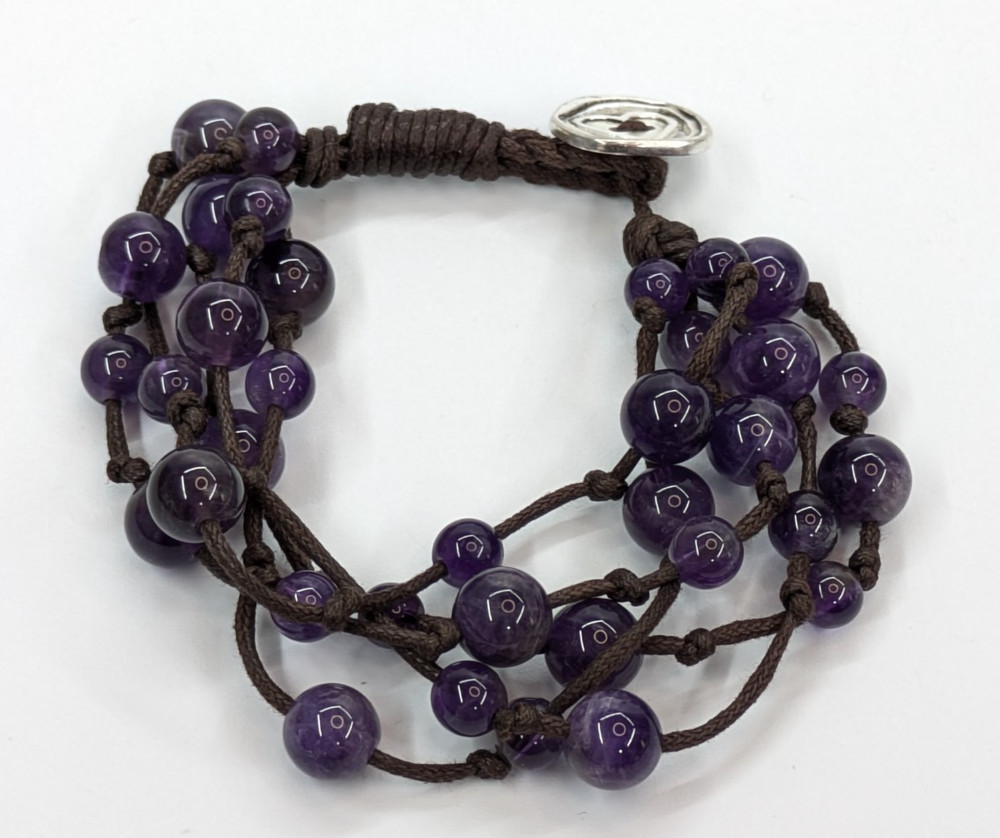 Purple Amethyst Stone Beaded Multi Strand Sterling Silver 925 LA Signed Bracelet