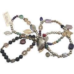 Boho Gemstones Glass Leaf Charms MOP 4 Stretch Bracelets Set Stackable Hippie