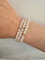 Wrap Bracelet Rose Quartz Freshwater Pearl Gold Plated Triple Strand Gemstone