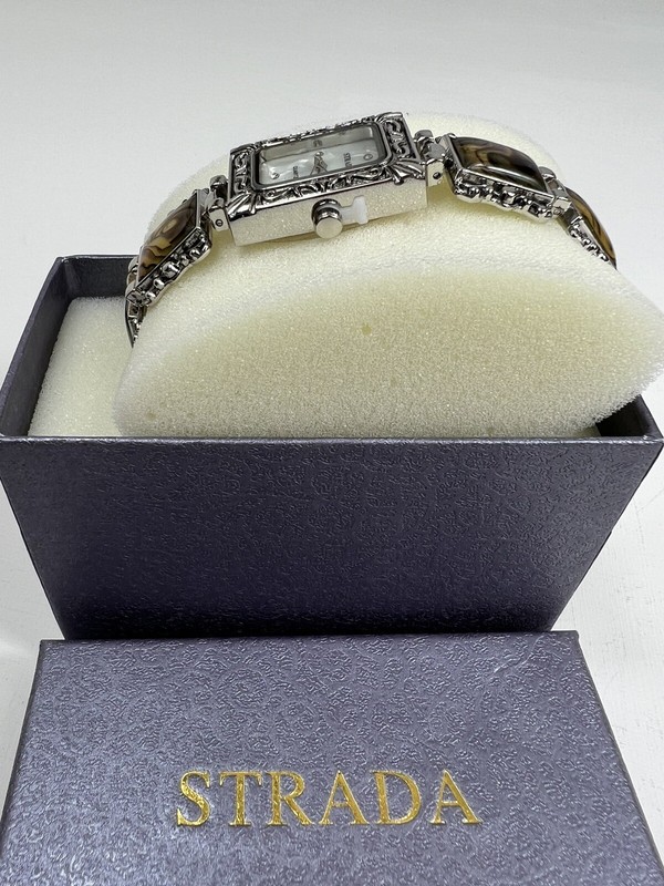 STRADA Sculpted Silver Tone Metal + Abalone Shell Rectangle Bracelet Watch NWT gallery