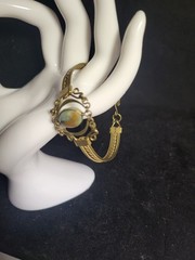 Vintage Brass Filigree Bracelet Oval Agate Jasper Cabochon Stone Multi Strand