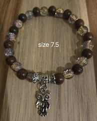 Natural 8mm Wood/glass & Silver Metal Bracelet W/owl Charm Stretch Bracelet