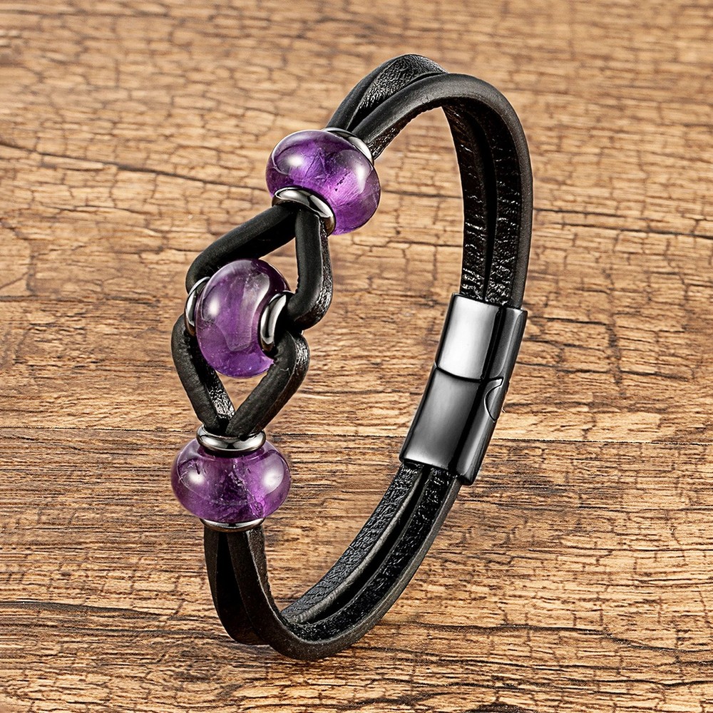 Amethyst Crystal Stone Bracelet Women Men Black Leather Rope Magnetic Jewelry