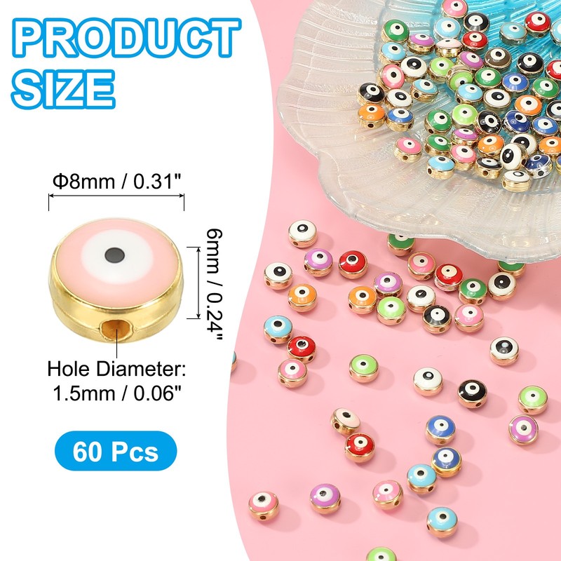 60 Pcs 8mm Flat Round Evil Eye Beads with Golden Edge, Pink gallery