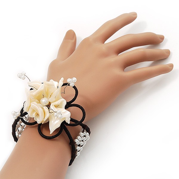 Light Cream Shell 'Flower' Wired Cuff Bracelet - Adjustable gallery