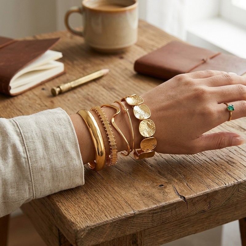 5Pcs Minimalist Gold Bangle Set, Stackable Open Cuff Bracelets for Women gallery
