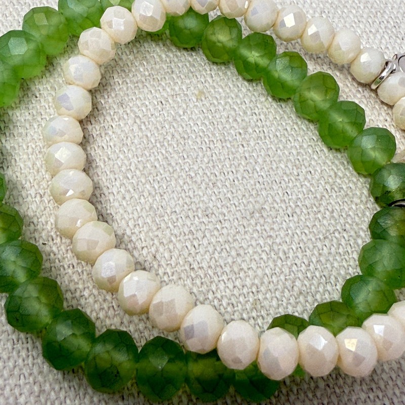 Lizas Beaded Bracelet Set Green White Faceted Crystal Stretch Layering Stacking gallery