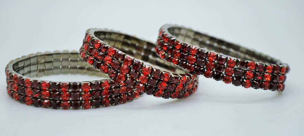 Lot of 3 pcs 3row Red color mix Rhinestone black nickel plated Stretch Bracelets