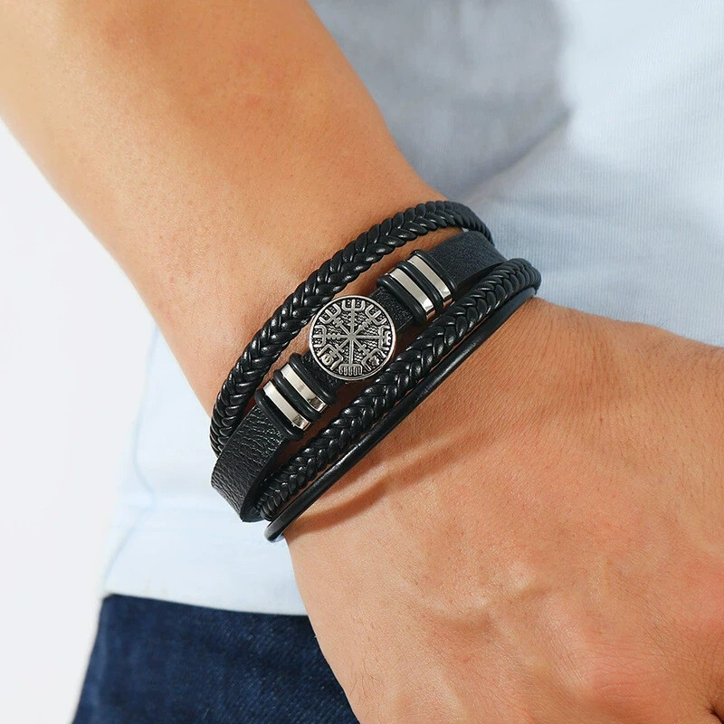Men Multilayer Compass Braided Leather Stainless Steel Magnetic Bracelet Bangle gallery