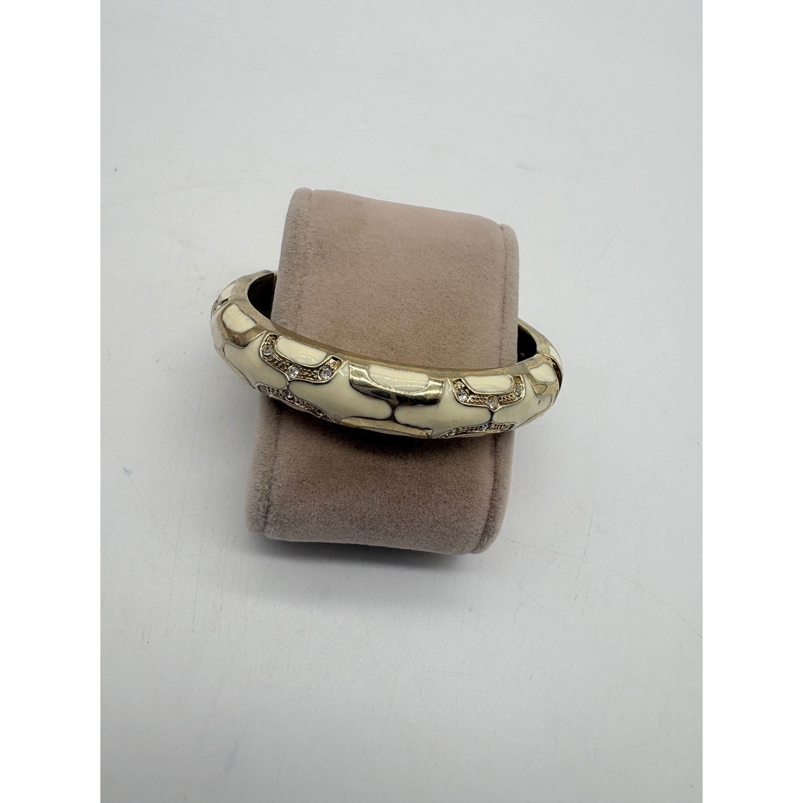Gold Tone Cream Enamel Rhinestone Hinged Bangle Bracelet gallery