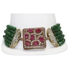 Sterling Silver Green Agate Ruby Cubic Zirconia Bracelet