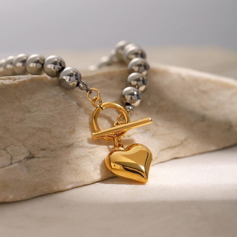 Woman 18K Gold Plated Beaded Ball Chain Heart Bracelet Bangle Toggle 8.7'' gallery