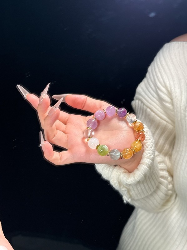 Natural Amethyst Fluorite Crystal Stretch Bracelet Gold Plated Copper Women Gift gallery
