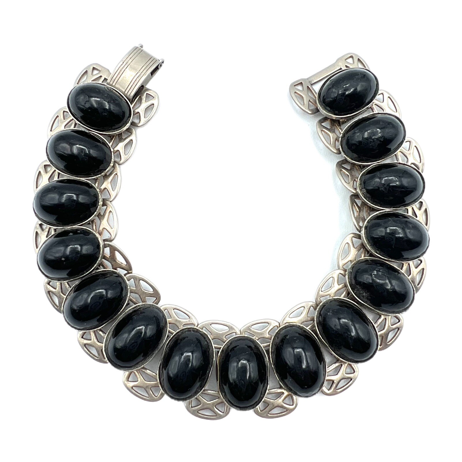 Vintage Black Glass Cabochons Book Chain Filigree Link Panel Bracelet gallery