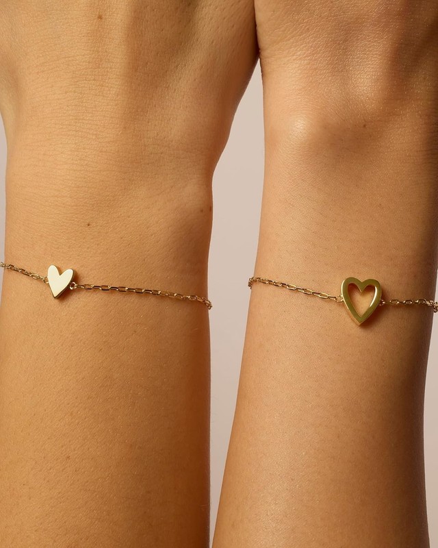 14K Gold Plated Matching Heart Charms Solitaire Bracelet Set for Women | Adju... gallery