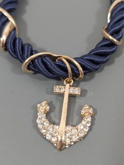 Nautical Coastal Blue Cord Gold Tone Anchor Pave Rhinestone Bracaelet 9 in