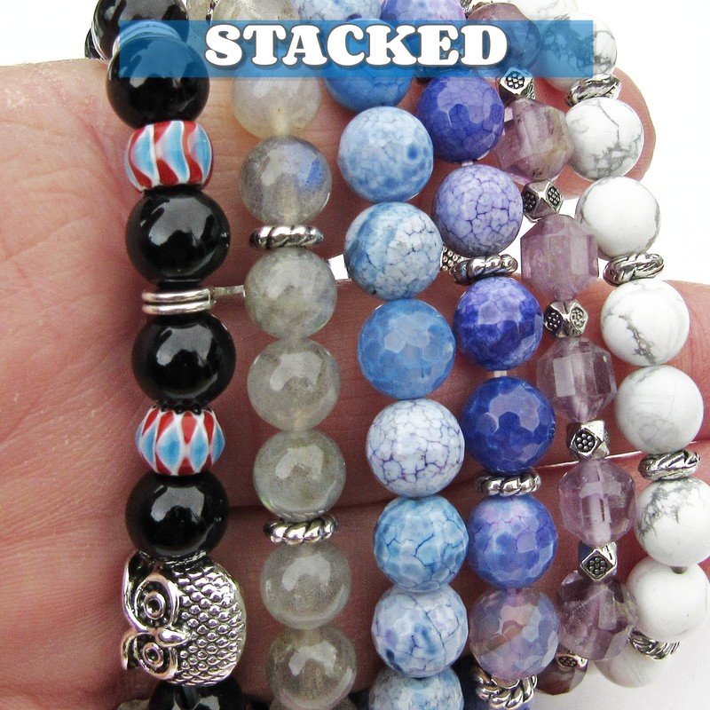 Snowflake Obidian Stretch Bracelet, 7 Inches, Grounding, Pewter Owl and Beads gallery