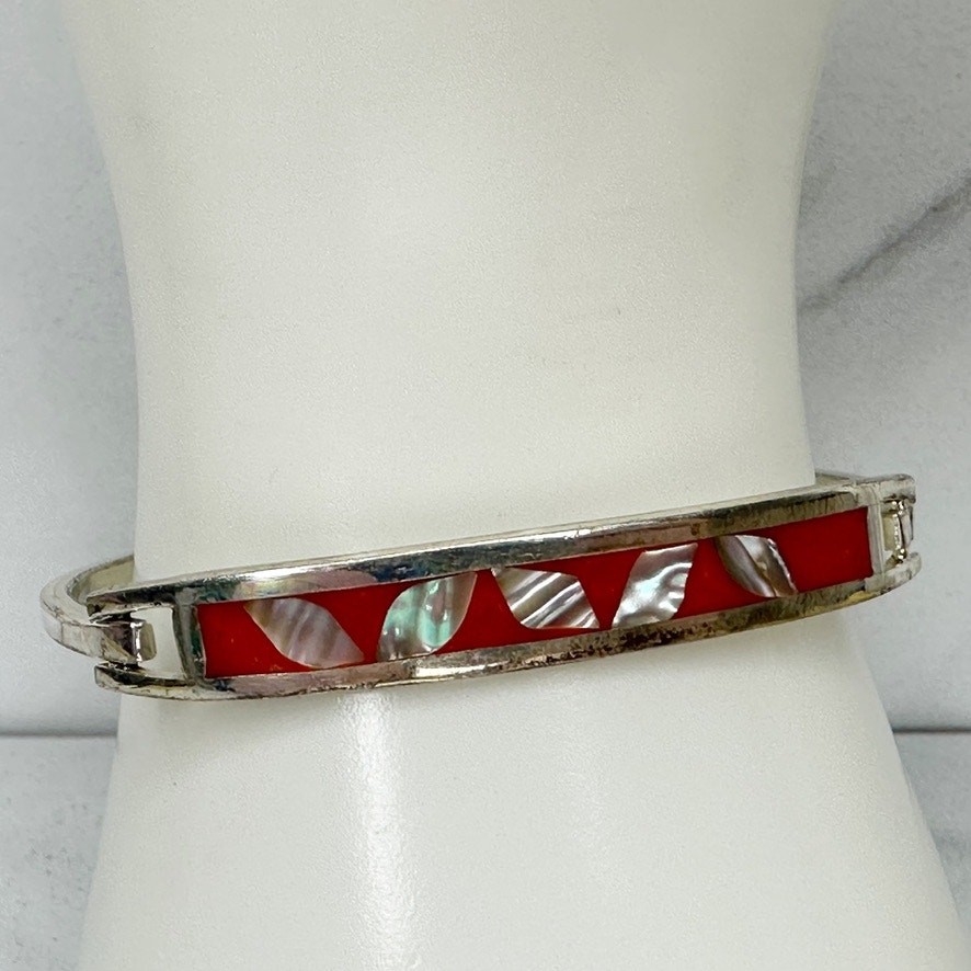 Alpaca Mexico Vintage Red & Abalone Inlay Silver Tone Hinged Bangle Bracelet gallery