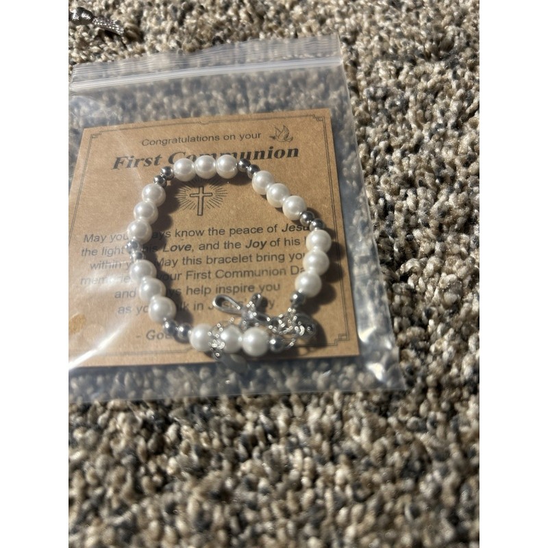 Tarsus 1st Communion Bracelet - Faux Pearls & Silver Toned Beads & Cross Charm gallery