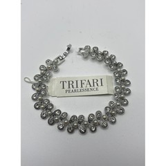 Trifari Link Bracelet Womens Silver Faux Pearl Rhinestone Pearlessence Vintage