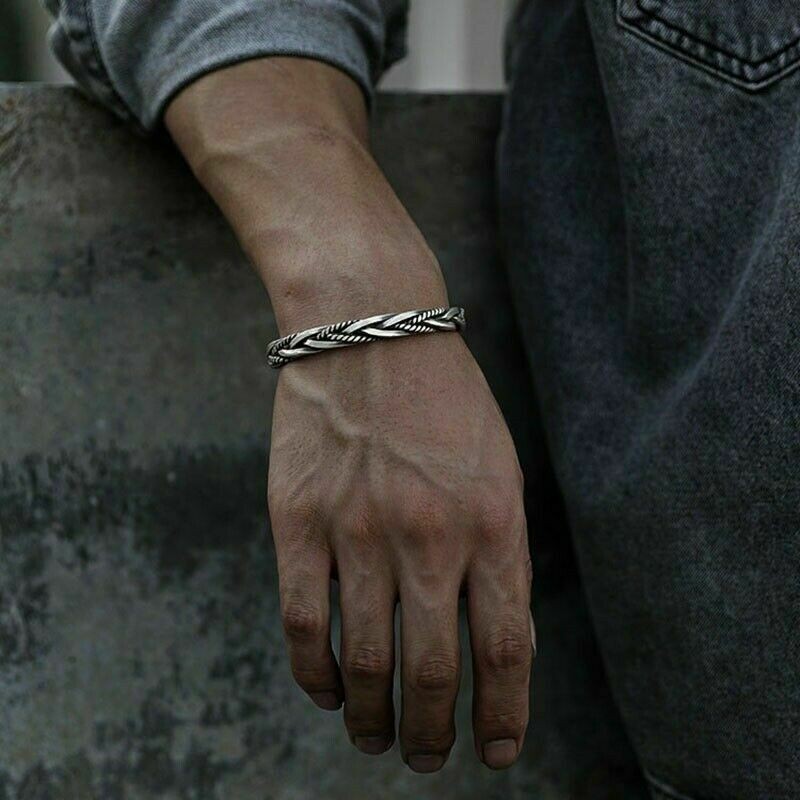 2x Silver Bracelet Sterling Open Bracelet Handmade Vintage Twist Cuff Men Women gallery
