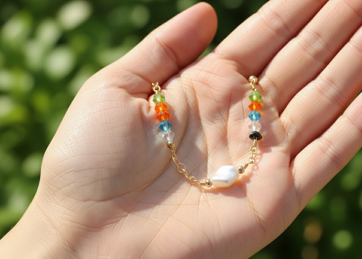 Handmade Gold Tone Bracelet Multi-Color Crystal & Pearl Beaded Bracelet gallery