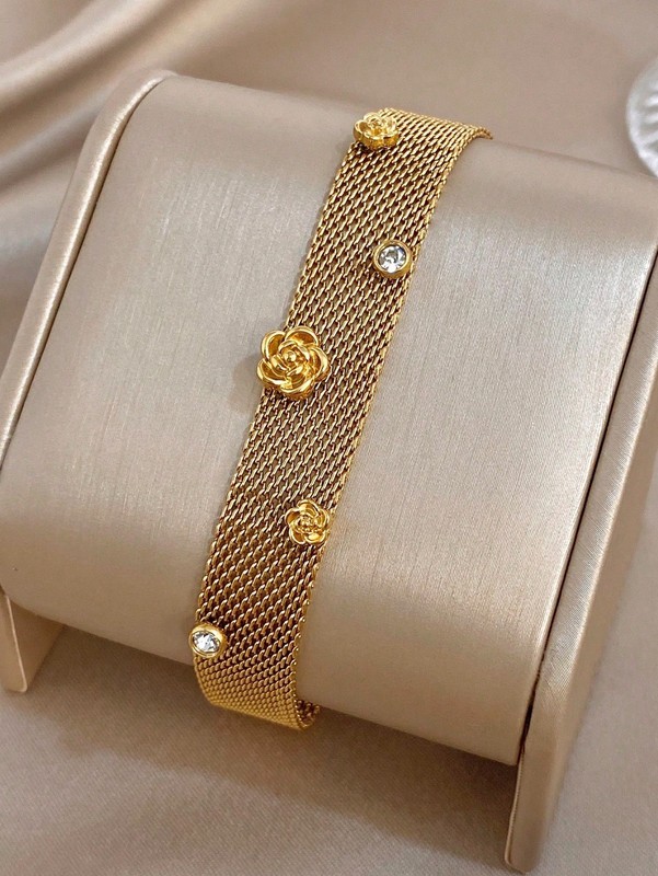 Gold Mesh Bracelet Rose Charm Crystal Accent Vintage Style Jewelry gallery
