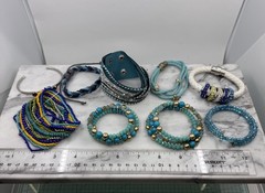 BLUE Lot Of Beaded Cuff Stretch Elastic Beach Boho Bracelets Hippie Chic
