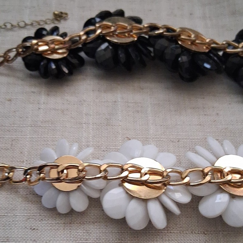 Gold Tone Curb Chain Charm Bracelets, Black & White Flower, Clear Crystals gallery