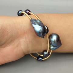 16x24mm Cultured Black Baroque Pearl Adjustable Bracelet Punk Bracelets