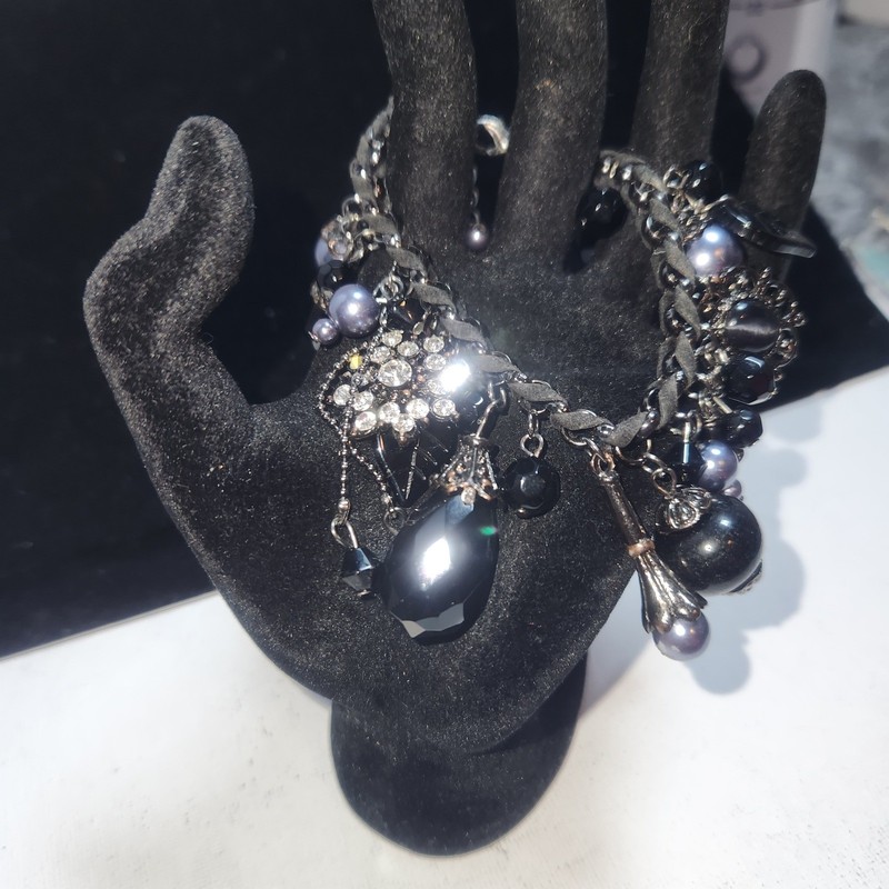 Black Gothic Charm Bracelet Gunmetal Crystal Pearl Witchy Victorian Statement gallery